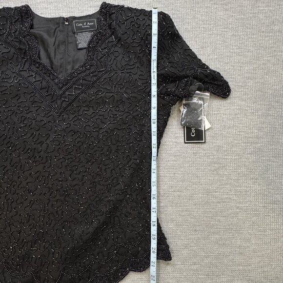 Cote D Azur Evening Womens M Black Beaded Silk Blouse Short Sleeve Back Zip NWT - Picture 14 of 16
